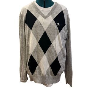 Express Argyle V-Neck Sweater - Large, Black/White/Gray